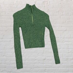Aerie Green Marled Ribbed Quarter Zip Sweater Mock Neck Long Sleeve Crop XS‎